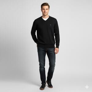 Chaps Men's Casual V Neck Sweater Ribbed Knit Long Sleeve Pullover Top Black 3YB